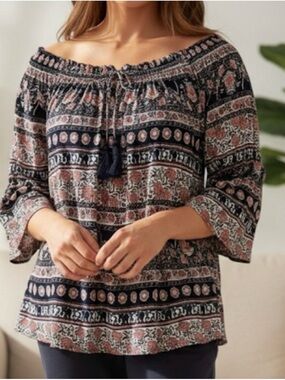 BAILEY & CHLOE Floral Print Peasant Boho Blouse, Women’s M, Navy Coral White